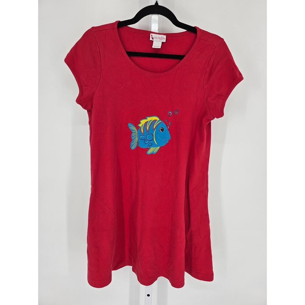 Go Softly Patio Dress Womens Sz S Knee Length Short Sleeve Red Embroidered Fish